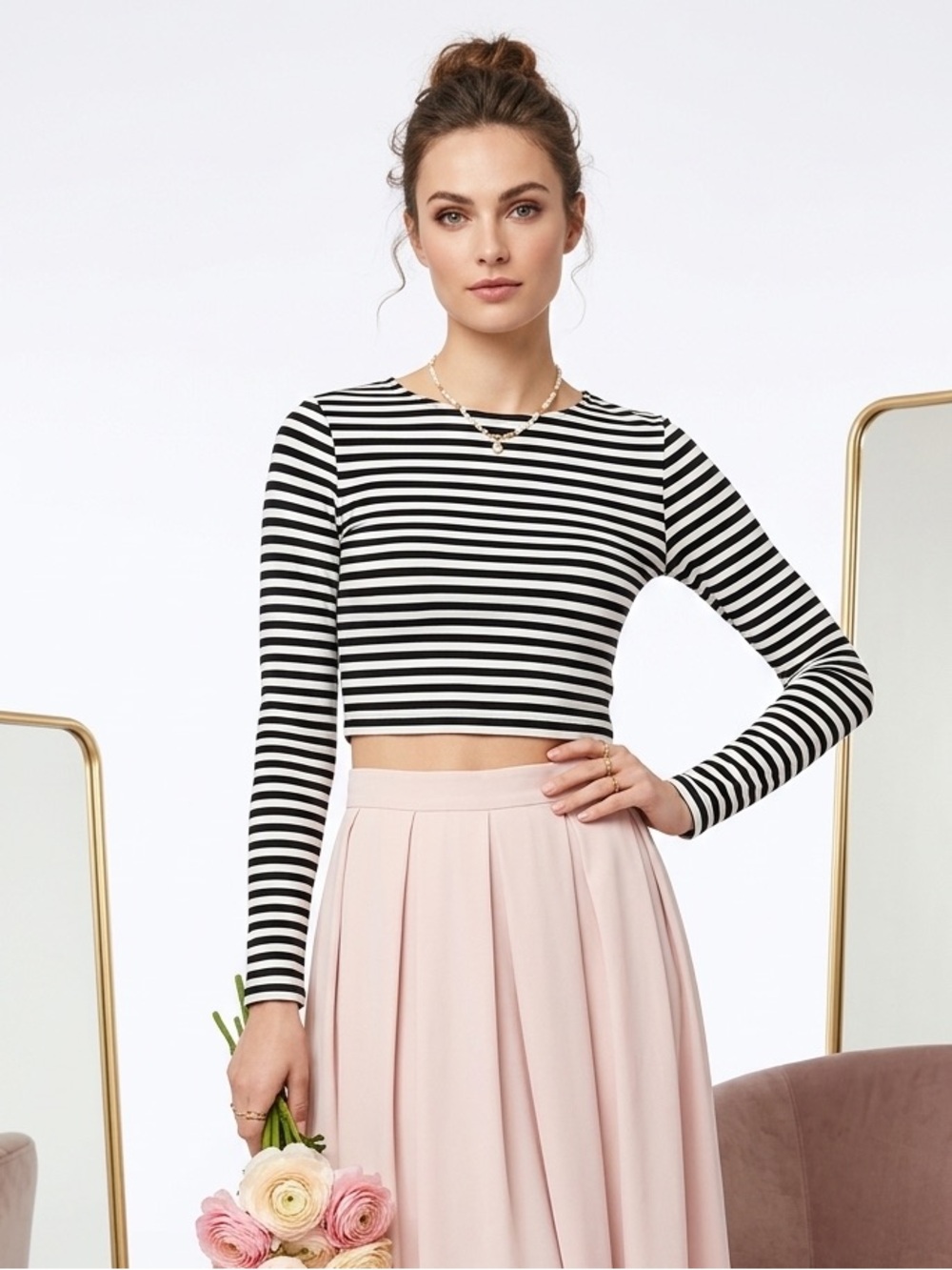H&M Black & White Striped Long Sleeve Cropped Tee